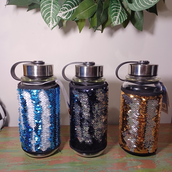 3 - 31oz. Glass Drinking Bottles With Sequin Cover PBA free. Blue Black & Gold - Picture 2 of 6